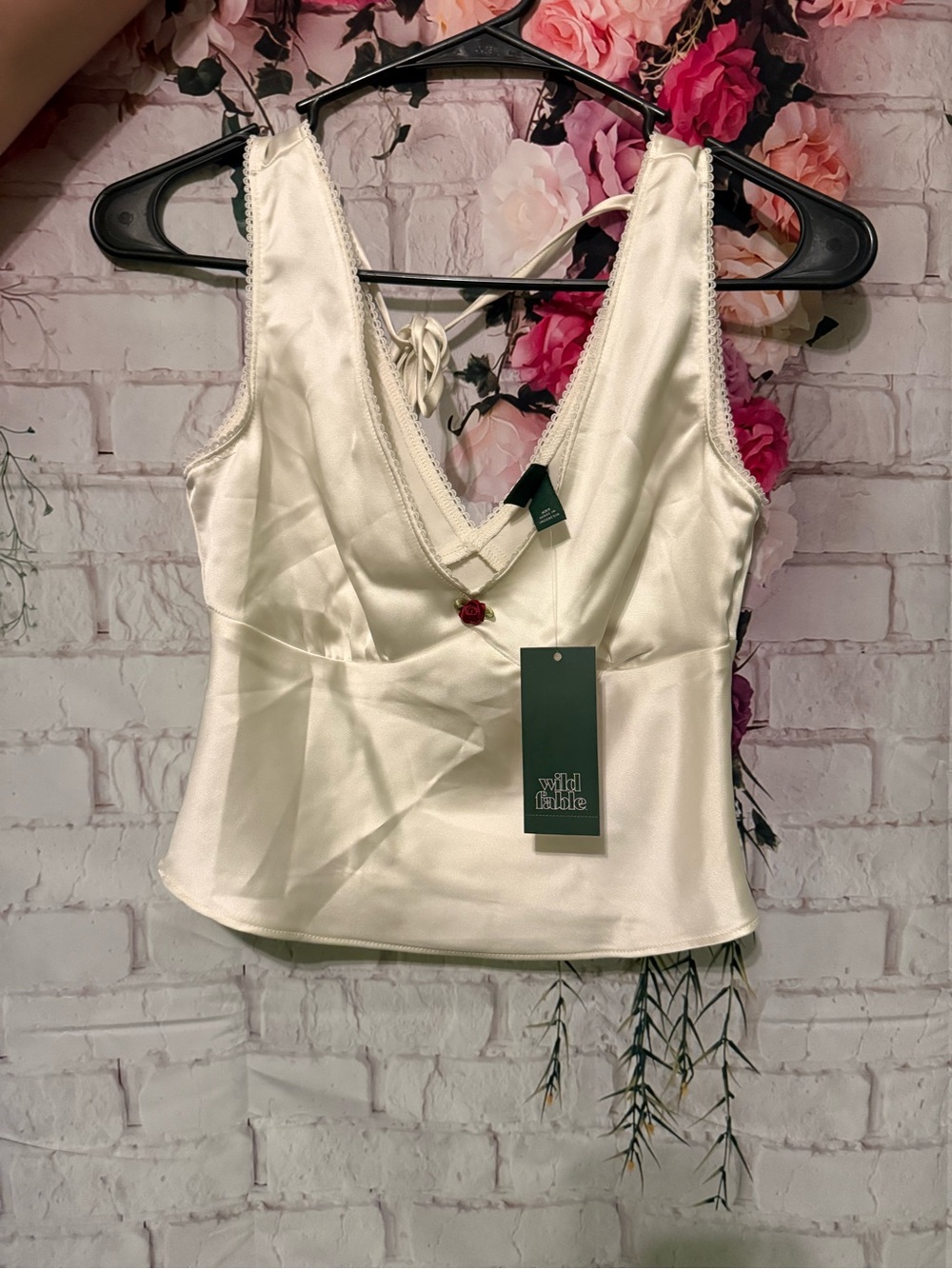 wild fable Ivory Satin V-Neck Cami with Rose Charm
